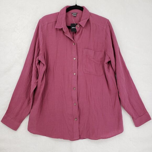 NWT Eddie Bauer Shirt Women Large Tall Pink Carry-On Button Down Cotton Pocket - Picture 1 of 13